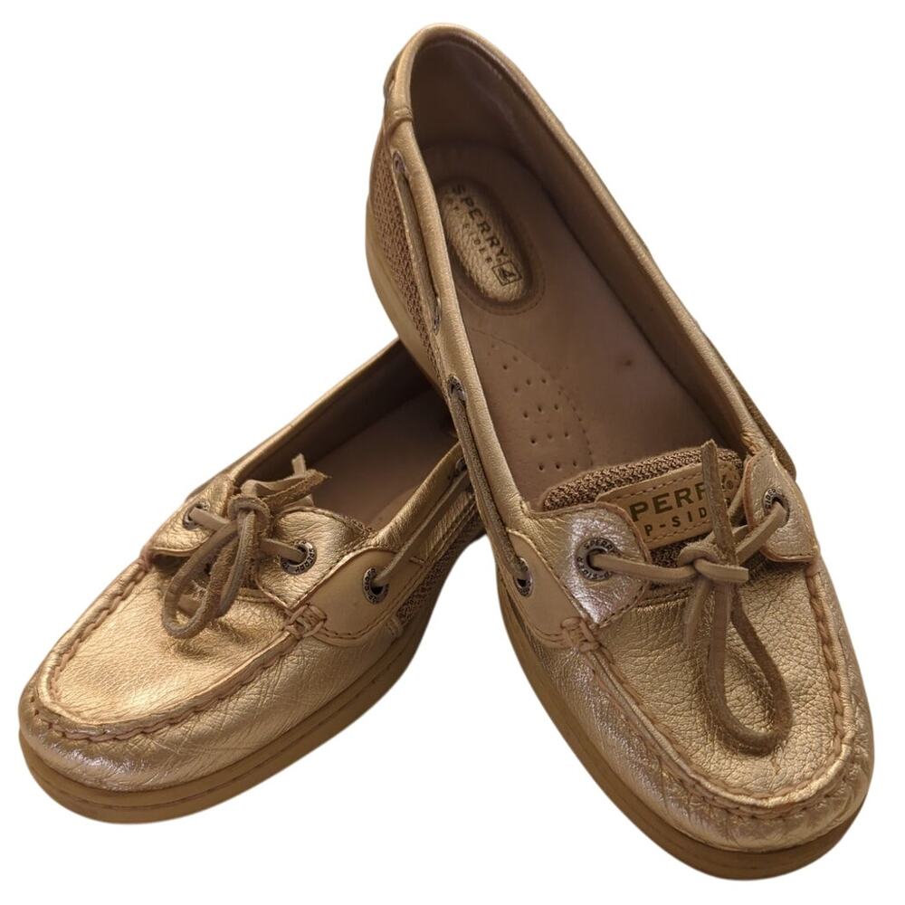 SPERRY TOP SIDER Metalic Gold & Tan Boat Shoes Women's Size 7 Leather & Fabric